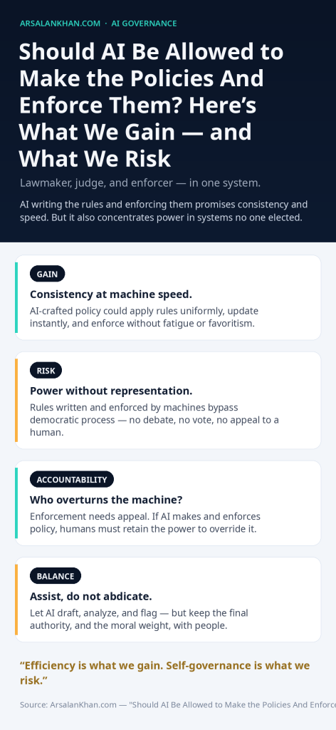 Infographic: Should AI Be Allowed to Make the Policies And Enforce Them? Here's What We Gain — and What We Risk